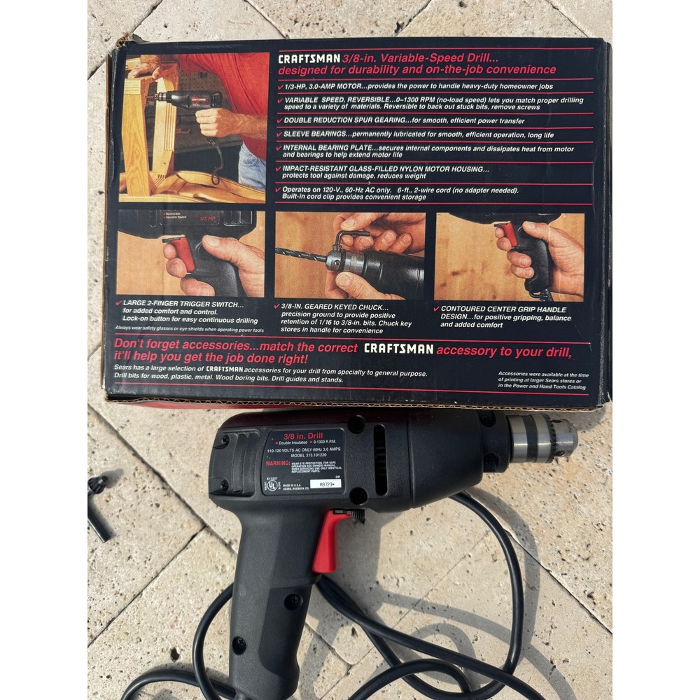 Craftsman 3/8 in Corded Drill Variable Speed Reversible 1/3 HP USA - Picture 9 of 12